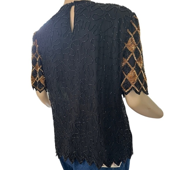 Vintage Diamond Gold and Black Sequin Silk Top - Picture 2 of 8